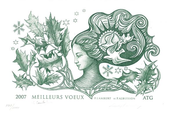 Femme fleur, vœux 2007, gravure n° 4 - 2006 (dessin : Lambert Pierrette et gravure : Albuisson Pierre)
