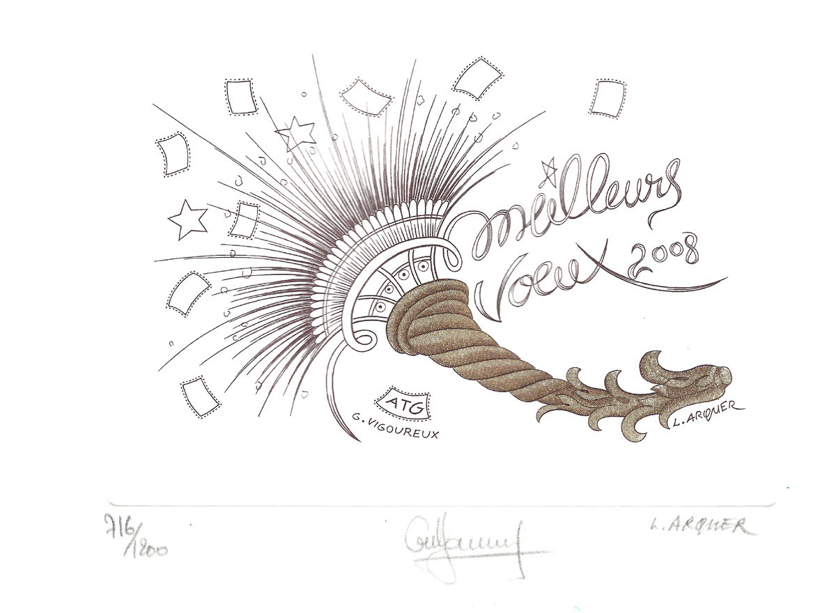 Vœux 2008, gravure n° 6 - 2007 (dessin : Arquer Louis et gravure : Vigoureux Guy)