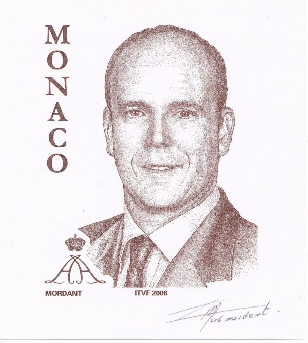 Monaco. Effigie de S.A.S le prince Albert II, timbre de la série courante à validité permanente, 2005 (Dessin de Thierry Mordant, gravure de Martin Mörck, impression teille-douce). Épreuve du timbre (© Monaco OETP / T. Mordant)