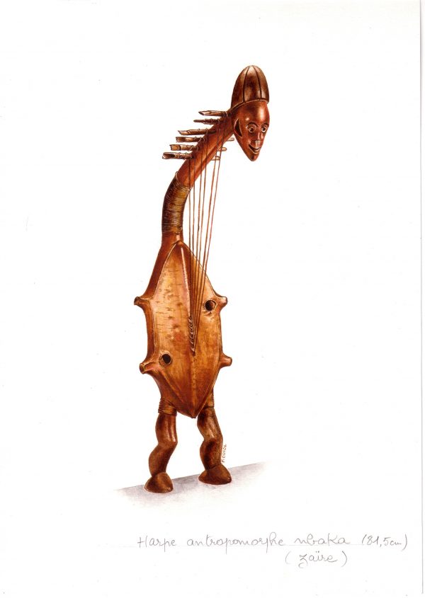 François Guiol, Instrument de musique traditionnelle : harpe anthropomorphe nbaka (Zaïre), encre, 2005 (© F. Guiol)