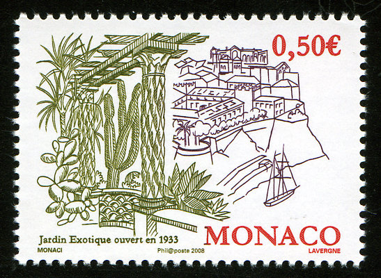 Monaco. 75ème anniversaire de la création du Jardin exotique, 2008 (création de Fabrice Monaci, gravure d’André Lavergne, impression taille-douce) (© Monaco OETP / F. Monaci / A. Lavergne)