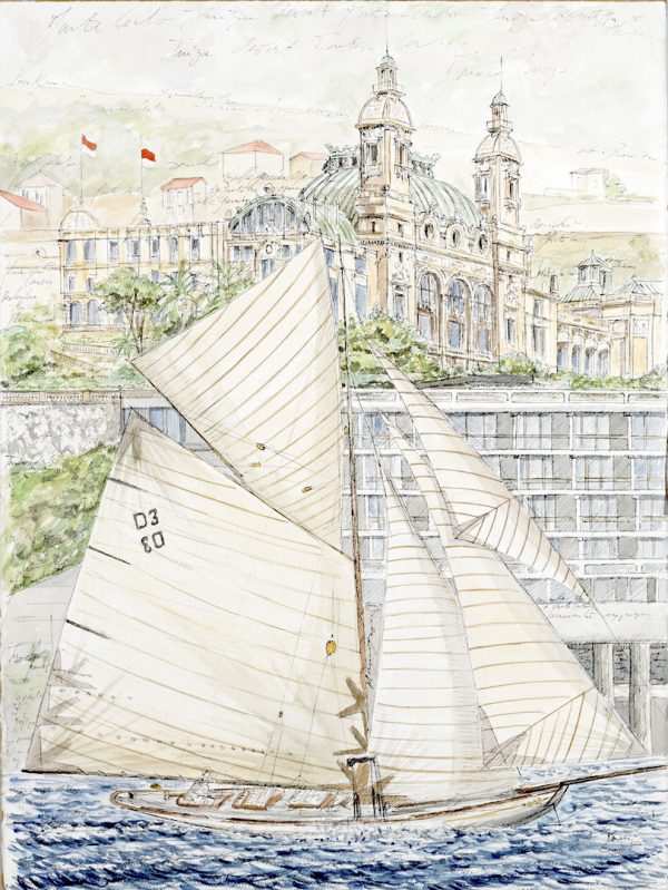 Fabrice Monaci, Le yacht Tuiga devant le casino de Monte-Carlo, plume et aquarelle sur papier Arches, 57 x 76 cm, 2014 (© F. Monaci)