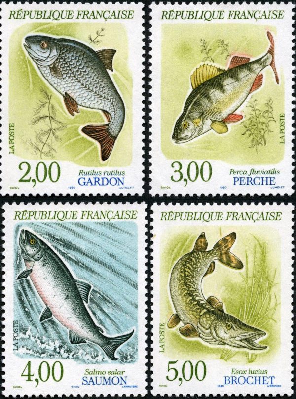 France. Série nature : poissons d’eau douce. Gardon, Perche, Saumon, brochet, 1990 (création de François Guiol , gravure de Jacky Larrivière, impression taille-douce) (© La Poste / F. Guiol / J. Larrivière)