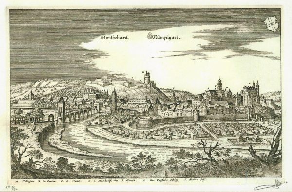 Antoine Iltis, plan de ville de Montbéliard, gravure sur cuivre, d'après une gravure ancienne