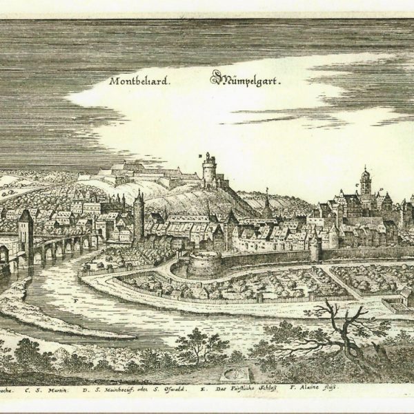 Antoine Iltis, plan de ville de Montbéliard, gravure sur cuivre, d'après une gravure ancienne