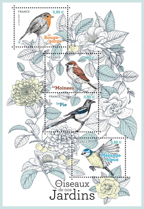 France. Les oiseaux de nos jardins : le rouge-gorge, le moineau, la pie et la mésange bleue, 2018 (création de Broll & Prascida, impression héliogravure) (© La Poste/Broll & Prascida)