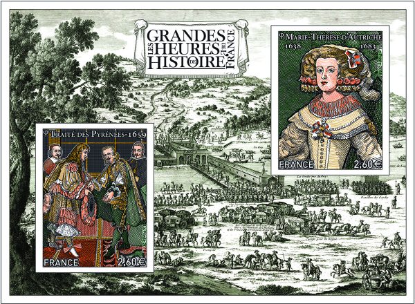 France. Les grandes heures de l'histoire de France : Marie-Thérèse d'Autriche et le Traité des Pyrénées, 2018 (création et gravure de Louis Boursier, impression taille-douce) (© La Poste/L. Boursier)