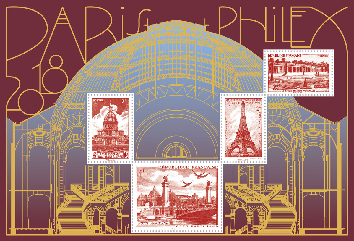 France, "bloc doré Paris-Philex 2018" (création de Sylvie Patte et Tanguy Besset, impression mixte, offset-taille-douce et dorure à chaud) (© La Poste/Patte et Besset)