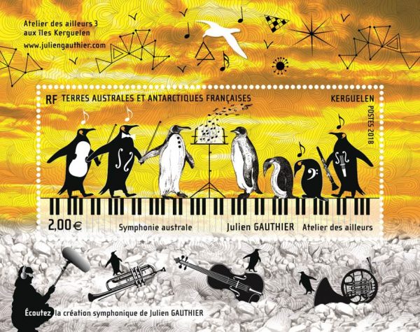 TAAF. Symphonie australe de Julien Gauthier, 2018 (création d'Aurélie Baras, impression offset). Le timbre dans le bloc-feuillet est en réalité augmentée accompagné d'un support rigide et d'une enveloppe calque. En scannant le timbre, on peut écouter la symphonie australe.(© TAAF/A. Baras))