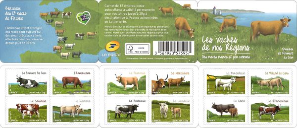 France. Les chèvres de nos régions, carnet de 12 timbres autoadhésifs, 2015 (création de Mathilde Laurent, crayons de couleur et peinture numérique, impression héliogravure).