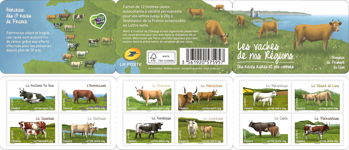 France. Les chèvres de nos régions, carnet de 12 timbres autoadhésifs, 2015 (création de Mathilde Laurent, crayons de couleur et peinture numérique, impression héliogravure).