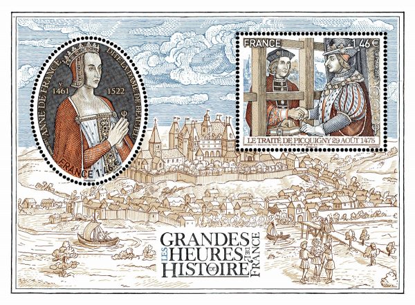 Les grandes heures de l'histoire de France. Anne de France et le traité de Picquigny, 2017 (création et gravure de Louis Boursier, impression taille-douce). Prix spécial bloc taille-douce 2017. (© La Poste/L. Boursier)