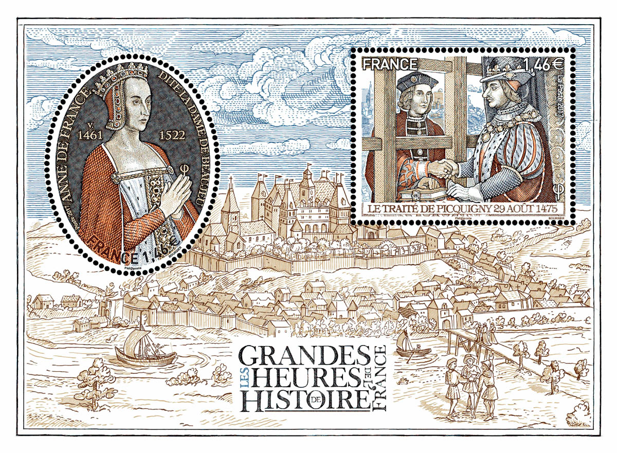 Les grandes heures de l'histoire de France. Anne de France et le traité de Picquigny, 2017 (création et gravure de Louis Boursier, impression taille-douce). Prix spécial bloc taille-douce 2017. (© La Poste/L. Boursier)