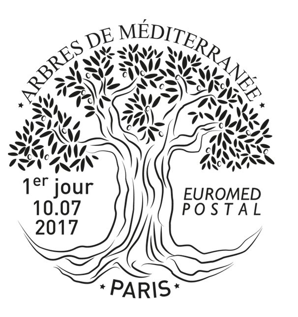 Oblitération premier jour du timbre Euromed postal, "Arbres de la Méditerranée",2017 (création de Sandrine Chimbaud). Prix de l'oblitération 2017 (©La Poste/S.Chimbaud)