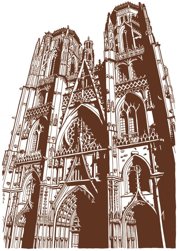 France. Cathédrale de Toul, illustration pour le document philatélique officiel du timbre Toul, Meurthe-et-Moselle, 2016 (création de Mathilde Laurent, encre de Chine)