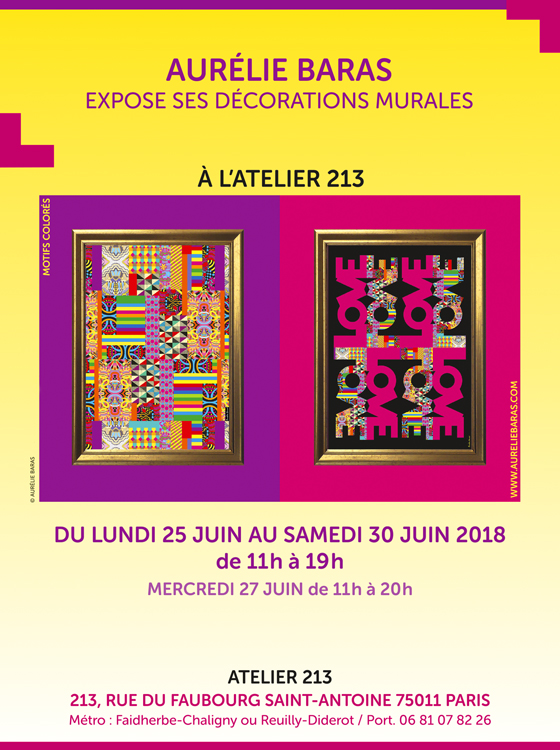 Flyer d'Aurélie Baras concernant son exposition temporaire "les décorations murales", juin 2018, Paris (© A. Baras)