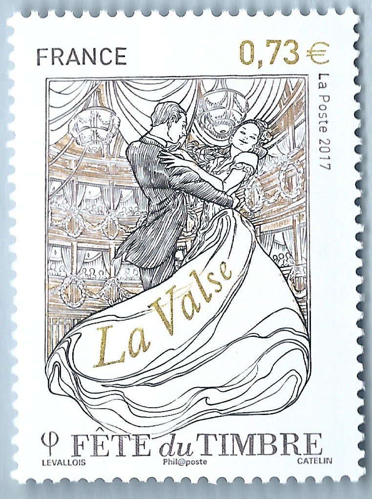 France. La fête du timbre. La valse, 2017 (création de Stéphane Levallois, gravure d'Elsa Catelin, impression taille-douce). Prix spécial du timbre taille-douce 2017 

(©La Poste/S.Levallois/E.Catelin)