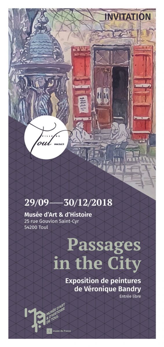 Carton d'invitation de l'exposition "Passages in the City" de Véronique Bandry, musée d'art et d'histoire, Toul, Meurthe-et-Moselle, 2018 (© V. Bandry)