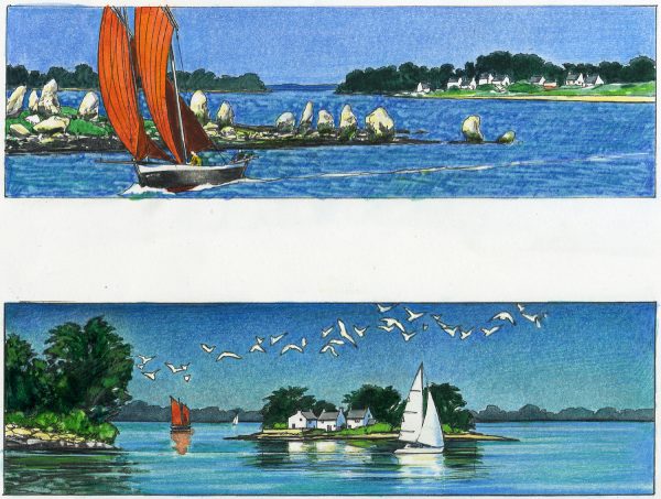 Michel Bez, projet de timbre Golfe du Morbihan, crayon de couleur, 2005 (coll. Musée de La Poste, Paris, Inv 2006.171.218)