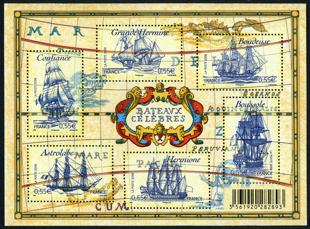 Voiliers célèbres, 2008 (création Michel Bez, gravure Jacky Larrivière, mise en page Jean-Paul Cousin, impression mixte) (© La Poste/M. Bez/J.Larrivière)