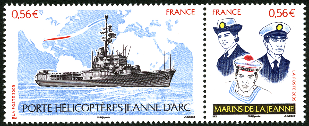 Porte-hélicoptères Jeanne d'Arc et marins de la Jeanne, 2009 (création Michel Bez, gravure Claude Jumelet, impression taille-douce)(© La Poste/M. Bez/C.Jumelet)