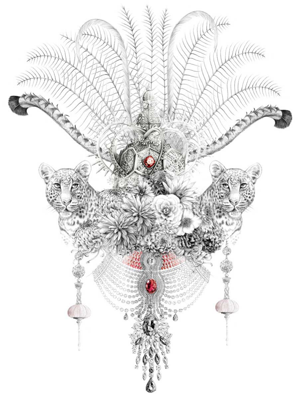 Florence Gendre, Composition bijoux, animaux et fleurs, crayon graphite, colorisation Photoshop, 2019 (© F. Gendre)