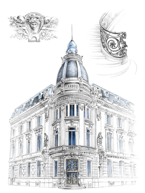 Florence Gendre, Dessin d'architecture, ancienne chambre de commerce de Grenoble, crayon graphite, colorisation Photoshop, 2018 (© F. Gendre)