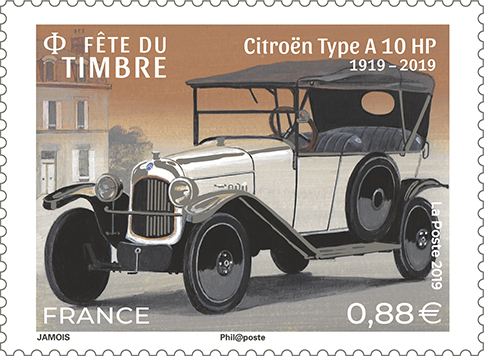 La fête du timbre, Citroën type A10 HP, 2019 (création de Serge Jamois, mise en page de Marion Favreau, impression héliogravure) (© La Poste/S.Jamois)