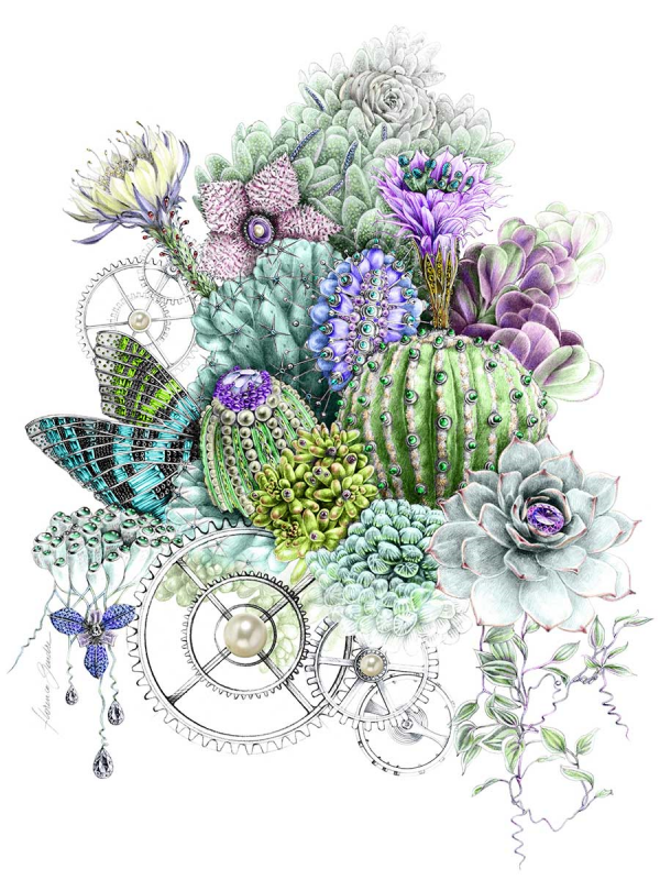 Florence Gendre, Illustration cactus et bijoux, réalisée pour l'affiche du salon Bijorhca, crayon graphite, colorisation Photshop, 2019. (© F. Gendre)