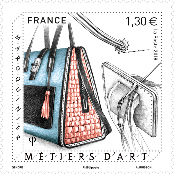 Métiers d'art - Maroquinier, 2018 (création de Florence Gendre, gravure de Pierre Albuisson, impression taille-douce) (©La Poste/F.Gendre/P.Albuisson)