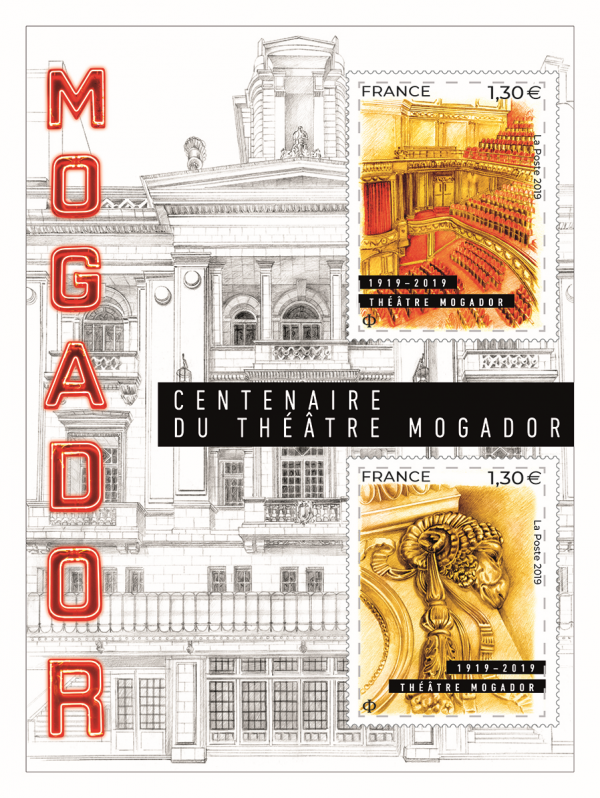 Centenaire du théâtre Mogador, 2019 (création et mise en page Florence Gendre, impression héliogravure) (D'après photos © Stage-Entertainment France (salle et détail) et © Carl Labrosse (façade extérieure)) (© La Poste/F. Gendre)