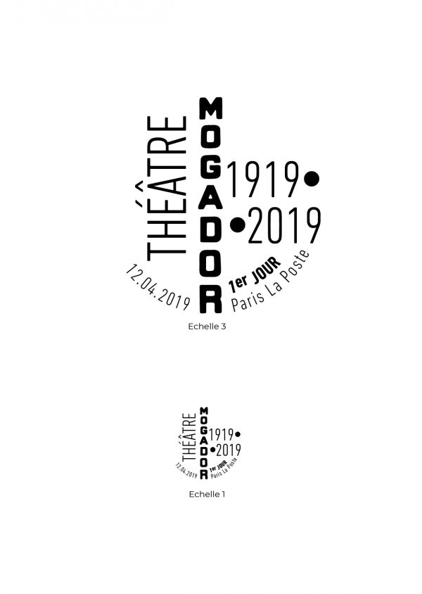 Timbre à date premier jour du timbre-poste Théâtre Mogador, 2019. Conception graphique de Florence Gendre. (© La Poste/F. Gendre)