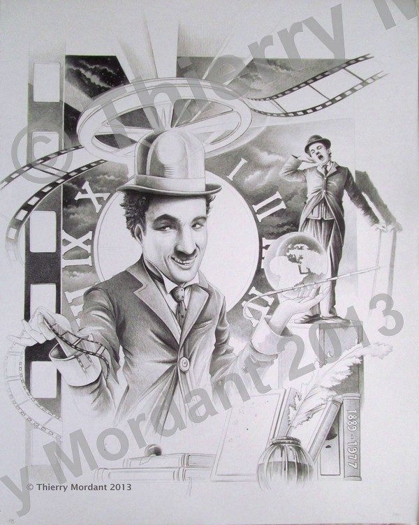 Thierry Mordant, Hommage -Portrait de Chaplin, dessin, 50 x 70 cm © T. Mordant