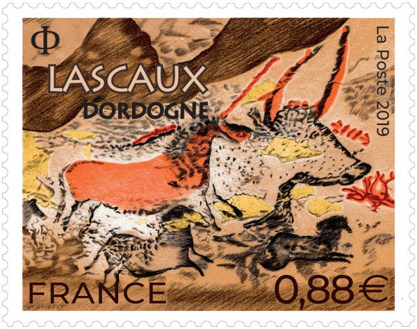 Lascaux, Dordogne, 2019 (création et gravure d'Elsa Catelin d'après photo salle des Taureaux © Dan Courtice-Semitour, impression taille-douce) © La Poste/E.Catelin