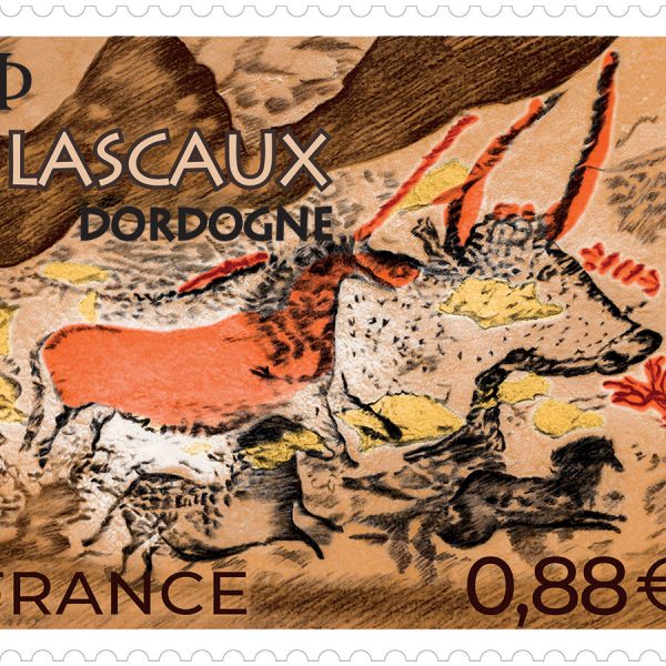 Lascaux, Dordogne, 2019 (création et gravure d'Elsa Catelin d'après photo salle des Taureaux © Dan Courtice-Semitour, impression taille-douce) © La Poste/E.Catelin