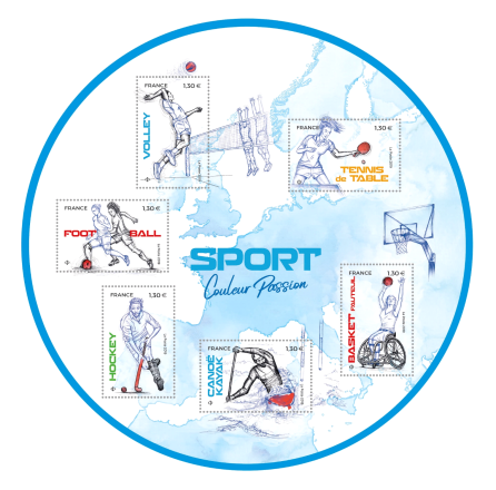 Un tour du monde sportif, bloc rond de 6 timbres, 2019 (création de Sandrine Chimbaud, mise en page Agence Absinthe d'après photo © Sport Presse, impression offset) © La Poste/S. Chimbaud