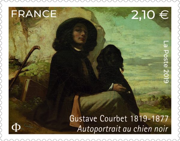 Gustave Courbet, Autoportrait au chien noir, 1842 (mise en page de Mathilde Laurent d'après photo musée de la ville de Paris, Musée du Petit Palais/Bridgeman Images, impression héliogravure).© La Poste 2019