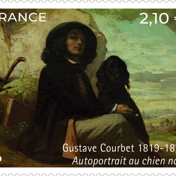 Gustave Courbet, Autoportrait au chien noir, 1842 (mise en page de Mathilde Laurent d'après photo musée de la ville de Paris, Musée du Petit Palais/Bridgeman Images, impression héliogravure).© La Poste 2019