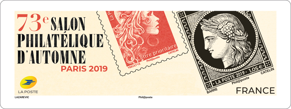 Vignette LISA, Salon philatélique d'automne, Marianne-Cérès, 2019 (création Sarah Lazarevic d'après timbre : Marianne l'Engagée, création Yseult YZ Digan, gravure Elsa Catelin et timbre Cérès : création Jacques-Jean Barre, gravure Elsa Catelin, impression offset) © La Poste