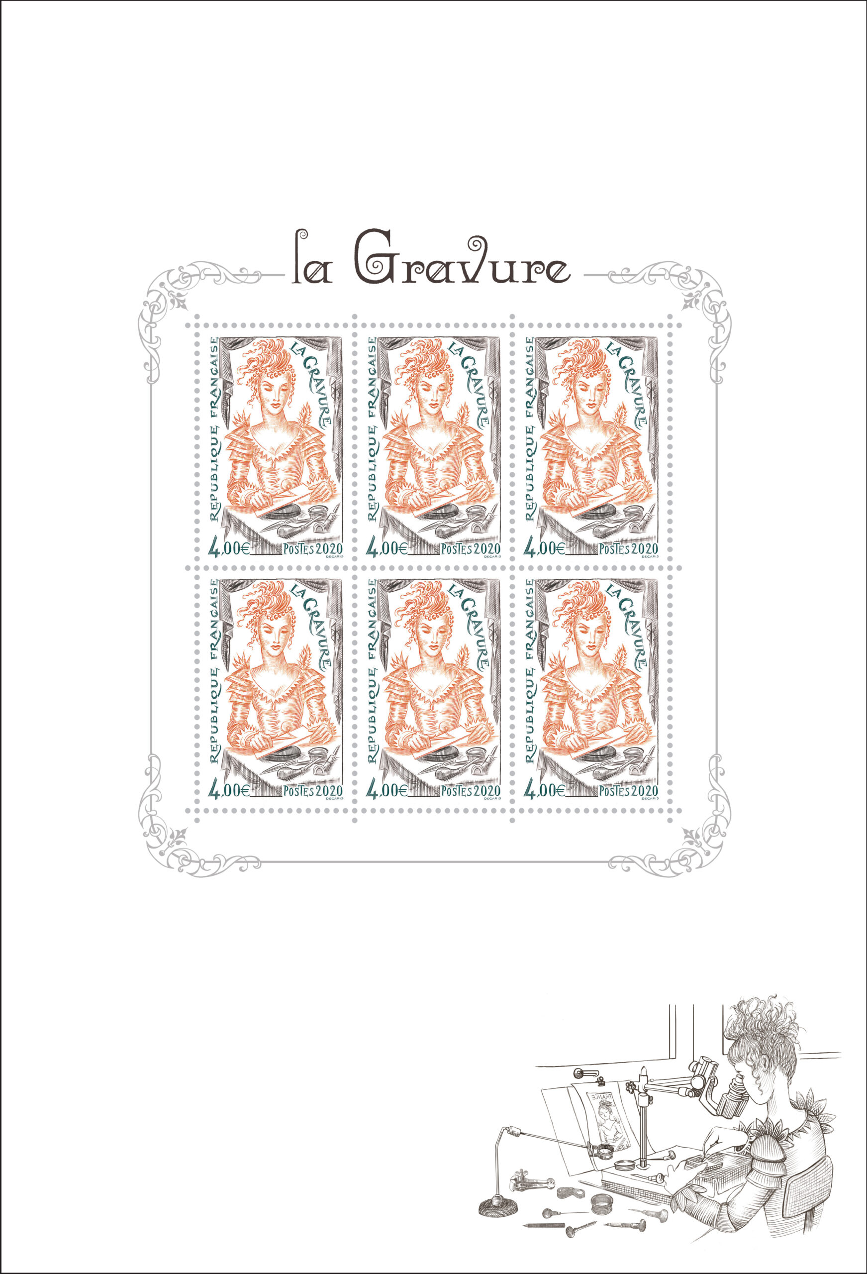 La gravure, bloc-feuillet de 6 timbres, 2020 (création Elsa Catelin d'après un timbre d'Albert Decaris de 1984, impression taille-douce) 