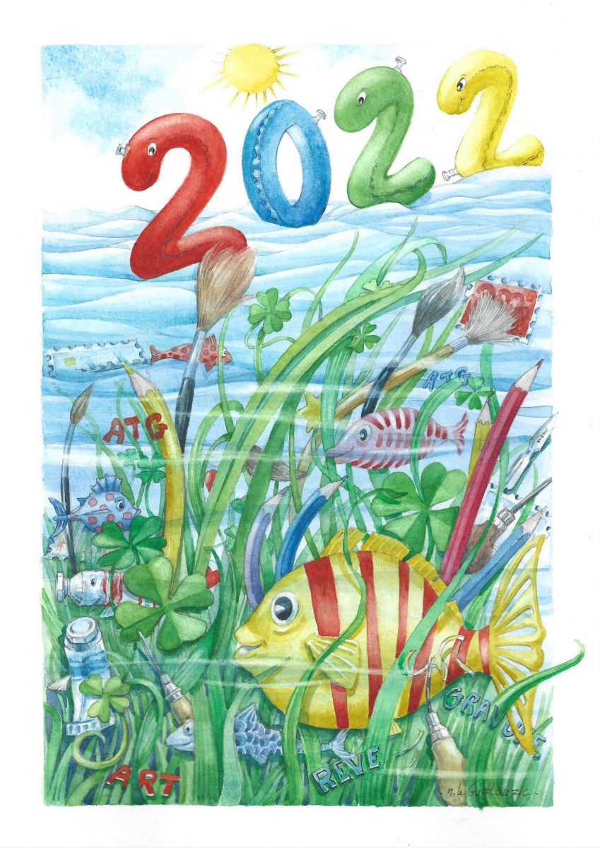 Noëlle Le Guillouzic crée la carte de voeux 2022 « Porte-bonheur » pour l’Art du Timbre Gravé