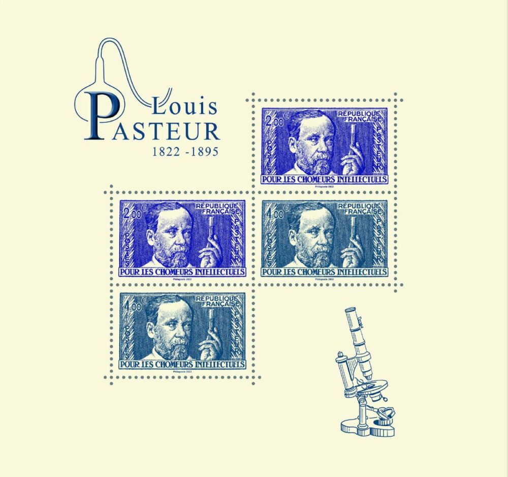 Louis Pasteur, bloc, 2022 (création Patrick Dérible, gravure Pierre Bara, réimpression des timbres Louis Pasteur émis en 1936 et 1938 dessinés et gravés par Georges Hourriez,, impression taille-douce) © La Poste/P. Dérible/P/Bara/G/Hourriez)