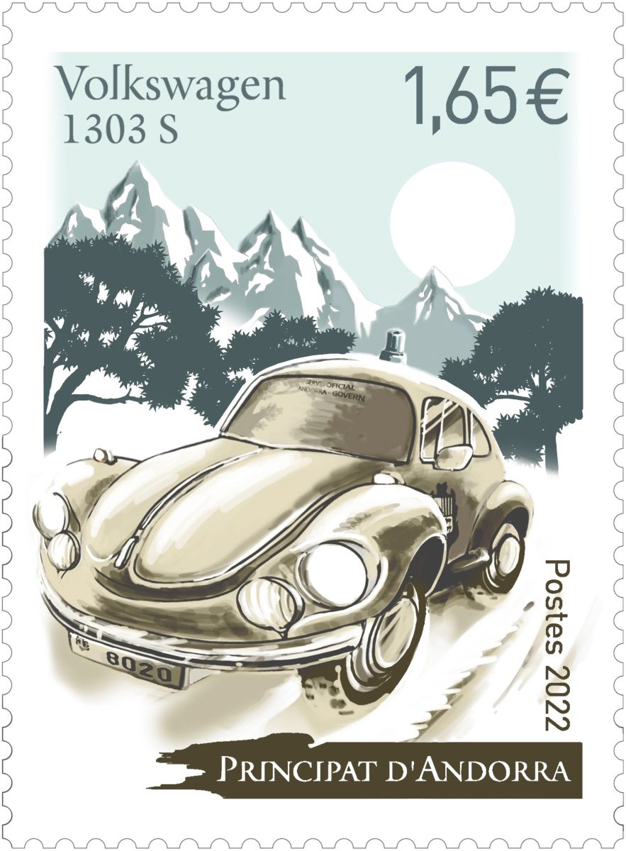 Andorre, Volkswagen 1303 S, 2022 (création et gravure Louis Genty, d'après photo, d'ap. Alex Tena/musée de l'automobile, Encamp, Andorre, mise en page Stéphanie Ghinéa, impression taille-douce)  (© La Poste Andorre/L. Genty)