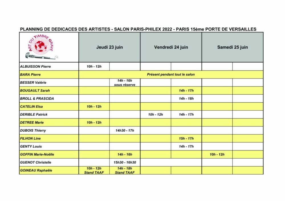 Tableau des dédicaces des artistes, Salon Paris-Philex 2022, stand ATG, MAJ 23 mai, P1