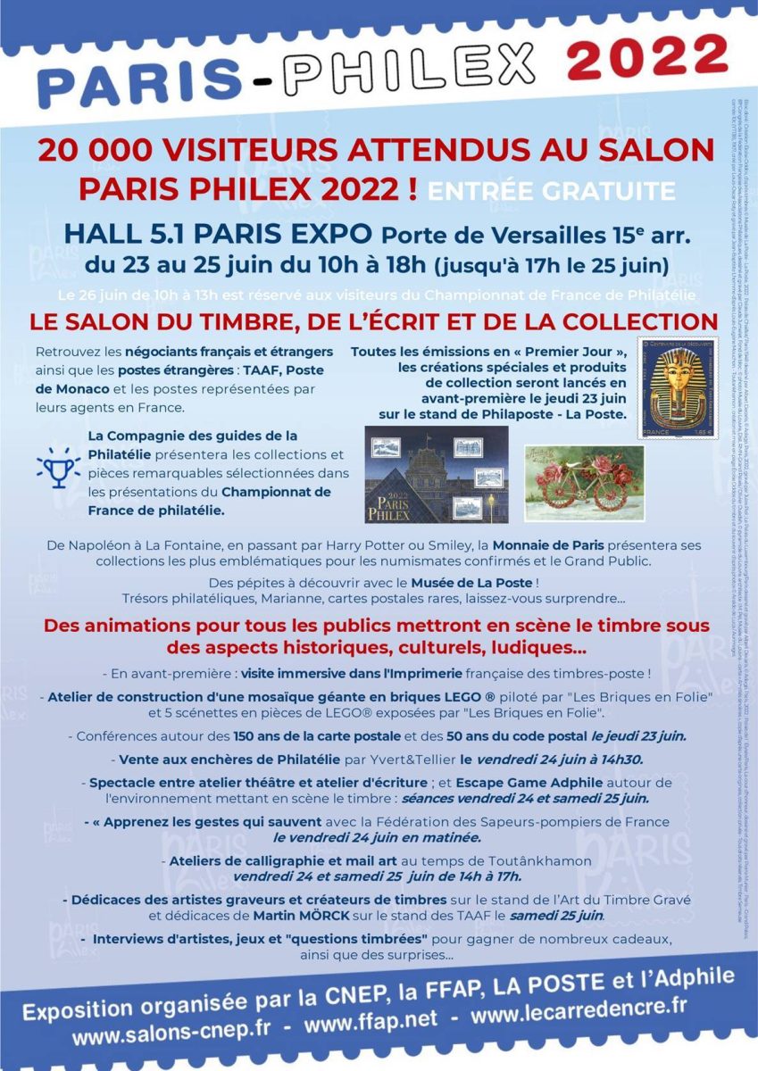 Document promotionnel de Paris-Philex, salon du timbre, de l'écrit et de la collection, 23-25 juin 2022, Paris 15ème, porte de Versailles (© Philaposte)
