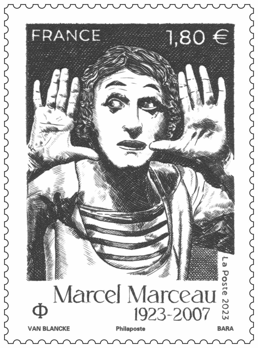 Benjamin Van Blancke et Pierre Bara dédicacent le timbre « Marcel Marceau »