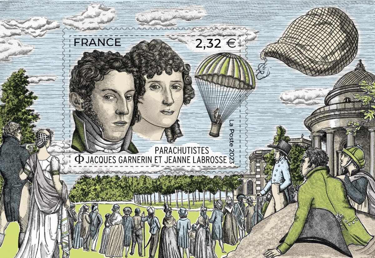 Benjamin Van Blancke et Line Filhon dédicacent le timbre « Jacques Garnerin et Jeanne Labrosse, parachutistes »