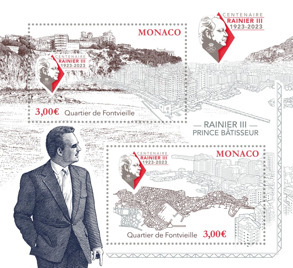Monaco émet trois blocs gravés pour le Prince Rainier III