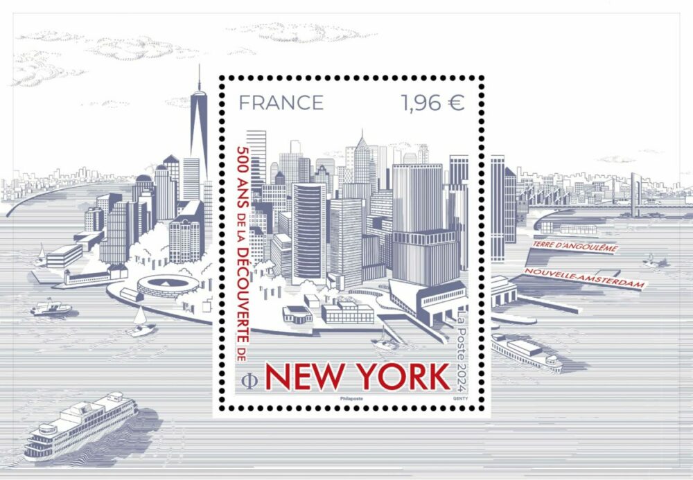 500 ans de la découverte de New York, 2024 (création et gravure de Louis Genty d'après © DEEPOL by plainpicture, impression taille-douce) (© La Poste/ L.Genty)