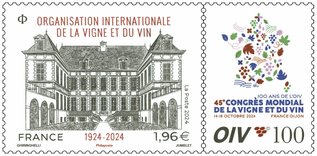 Claude Jumelet dédicace le timbre Organisation internationale de la vigne et du vin